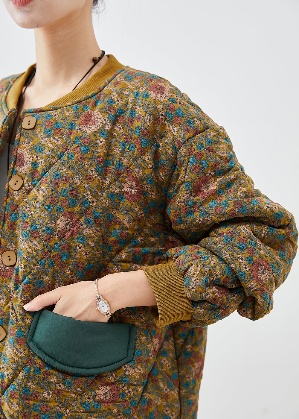 Yellow Oversized Print Fine Cotton Filled Winter Coats Winter