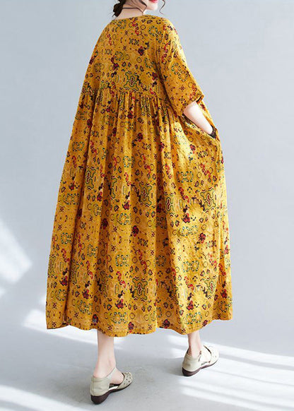 Yellow Oversized Print Linen Long Dress Summer