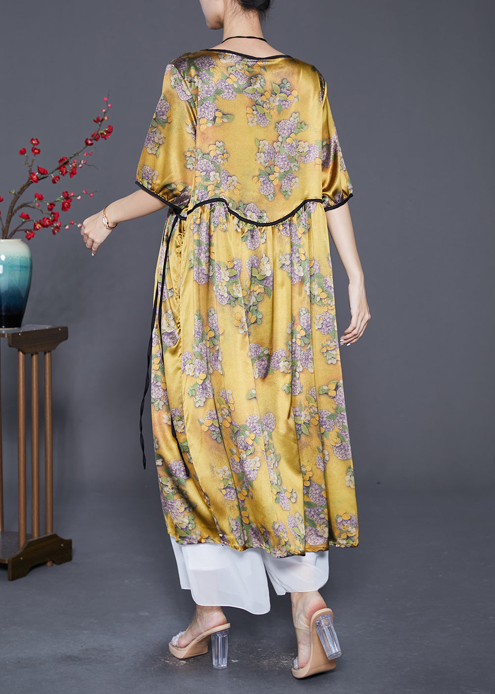 Yellow Oversized Print Silk Long Dresses Summer