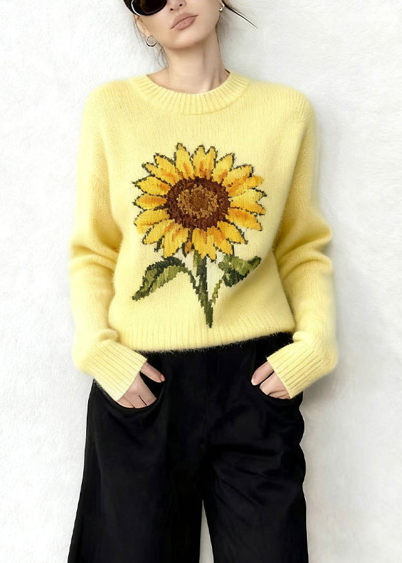 Yellow Oversized Sunflower Jacquard Knitted Tops Winter