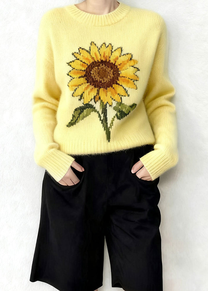 Yellow Oversized Sunflower Jacquard Knitted Tops Winter