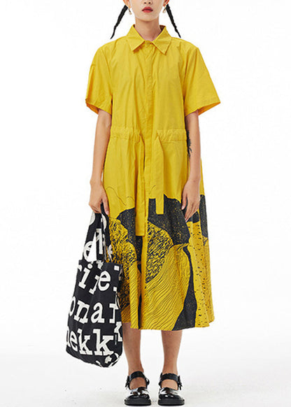 Yellow Patchwork Button Cotton Vacation Maxi Shirt Dresses Summer