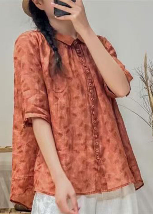 Yellow Peter Pan Collar Print Cotton Blouse Tops Summer