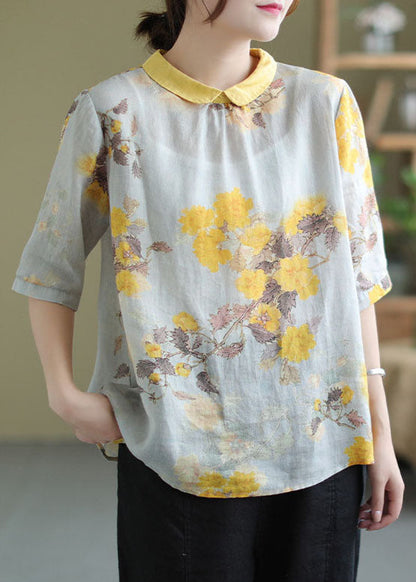 Yellow Peter Pan Collar Print Patchwork Linen Top Summer