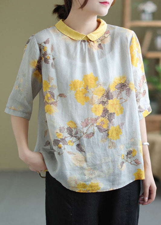 Yellow Peter Pan Collar Print Patchwork Linen Top Summer