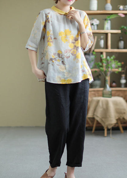 Yellow Peter Pan Collar Print Patchwork Linen Top Summer