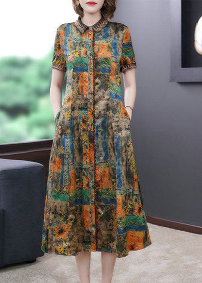 Yellow Peter Pan Collar Print Silk Dresses Summer