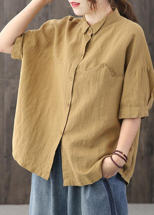 Yellow Peter Pan Collar Asymmetrical Design Cotton Linen Shirts Summer