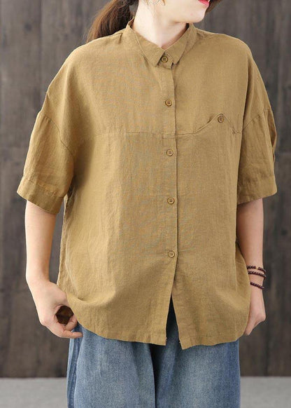 Yellow Peter Pan Collar Asymmetrical Design Cotton Linen Shirts Summer