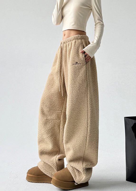 Yellow Pockets Drawstring Faux Fur Thick Trousers Spring
