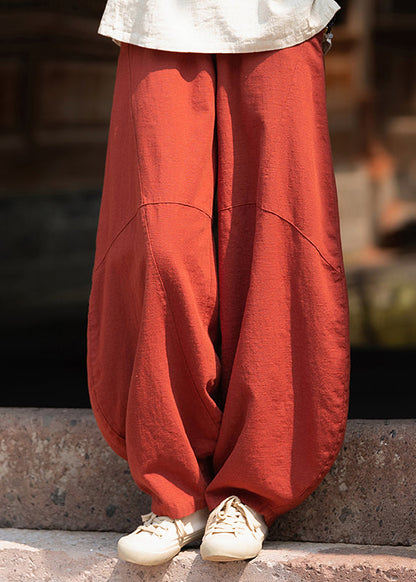 Yellow Pockets Elastic Waist Linen Pants Spring