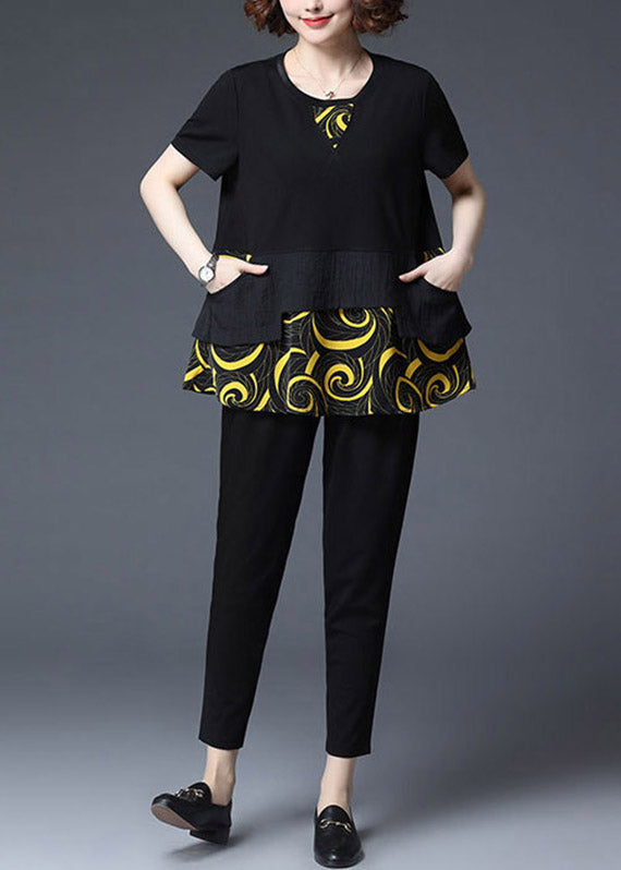 Yellow Print Asymmetrical Patchwork Cotton Tops and Crop Pants Two Piece Set Summer