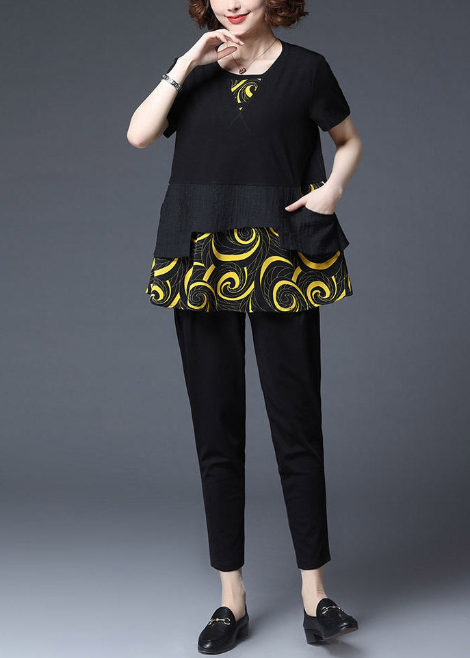 Yellow Print Asymmetrical Patchwork Cotton Tops and Crop Pants Two Piece Set Summer
