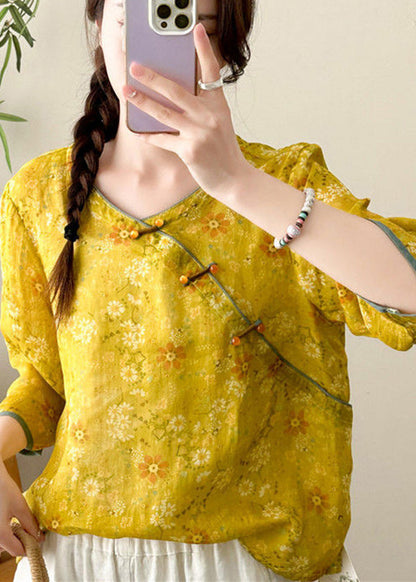 Yellow Print Chinese Button Linen Tops Fall