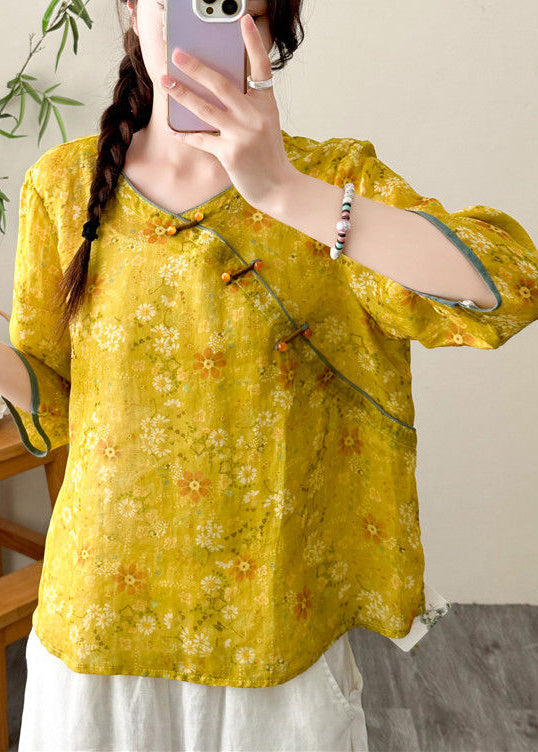 Yellow Print Chinese Button Linen Tops Fall