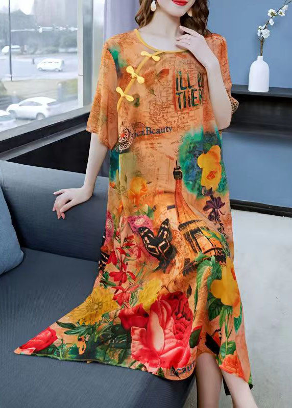 Yellow Print Chinese Button Patchwork Silk Dress Summer