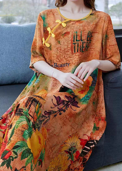 Yellow Print Chinese Button Patchwork Silk Dress Summer