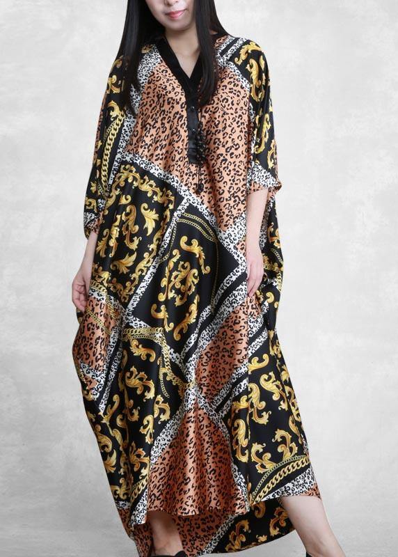 Yellow Print Dresses V Neck Batwing Sleeve Maxi Dresses