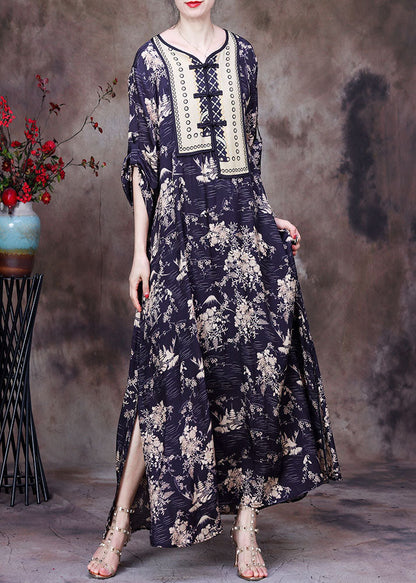 Yellow Print O-neck Side Open Silk Ankle Dress Long Sleeve
