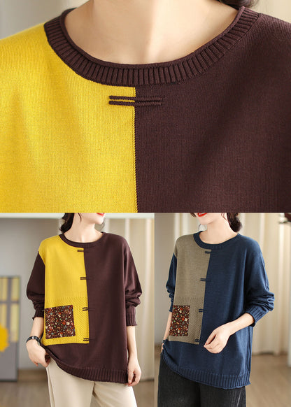 Yellow Print Patchwork Cotton Knit Sweaters Fall