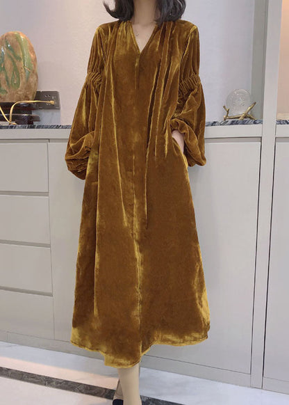 Yellow Puff Sleeve Pockets Velour Dress Spring