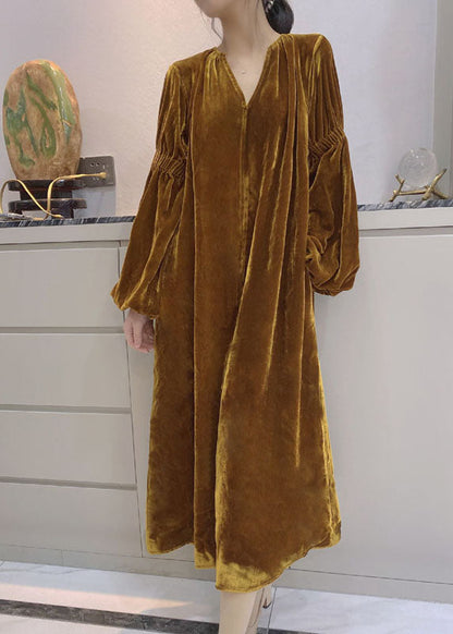 Yellow Puff Sleeve Pockets Velour Dress Spring
