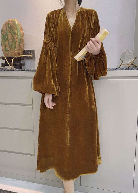 Yellow Puff Sleeve Pockets Velour Dress Spring