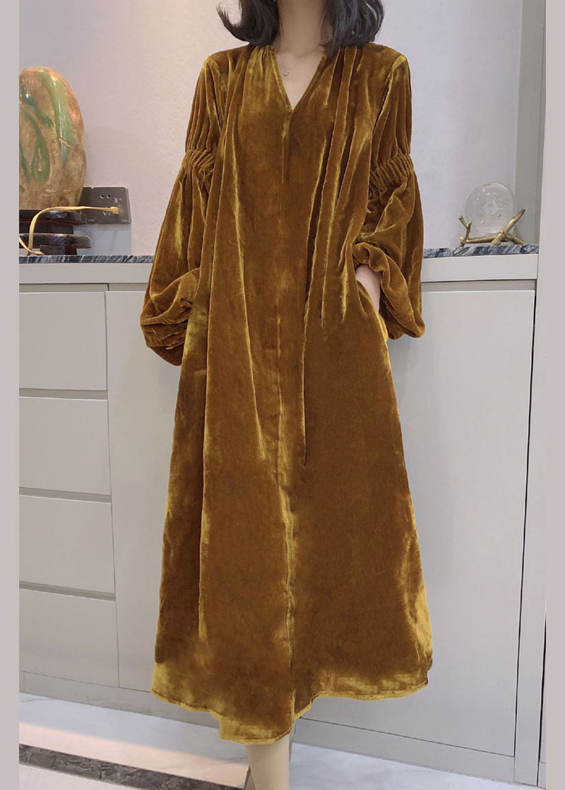 Yellow Puff Sleeve Pockets Velour Dress Spring