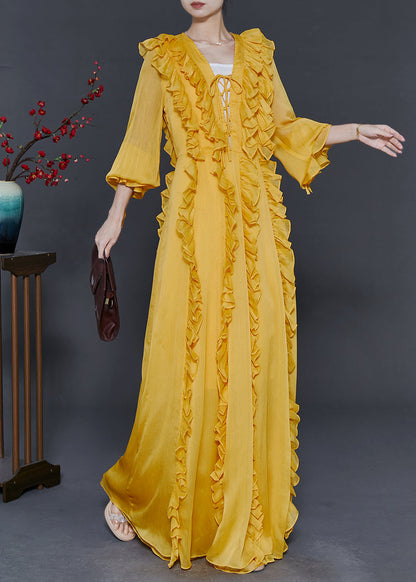 Yellow Ruffled Lace Up Chiffon Full Dresses Spring