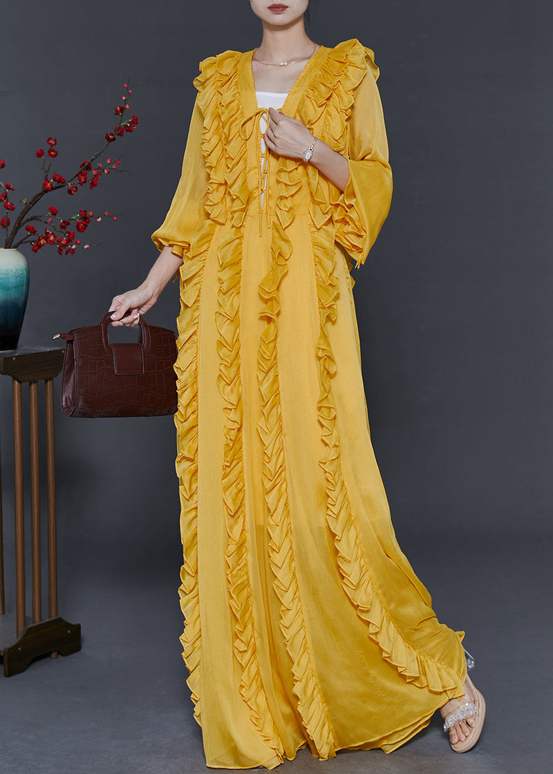 Yellow Ruffled Lace Up Chiffon Full Dresses Spring