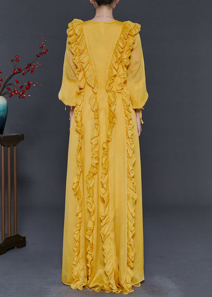 Yellow Ruffled Lace Up Chiffon Full Dresses Spring