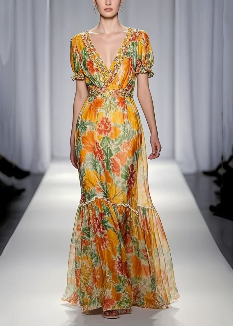 Yellow Ruffled Print Chiffon Dresses Summer