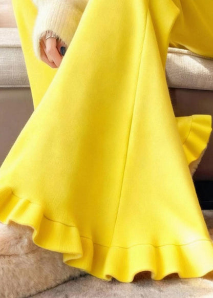 Yellow Ruffled Silm Fit Cotton Flared Trousers Winter