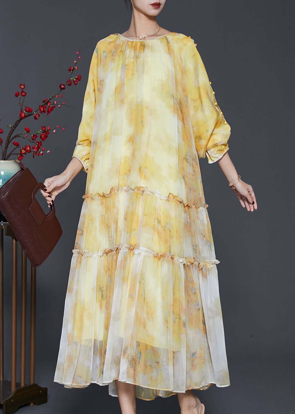 Yellow Ruffled Tie Dye Chiffon Maxi Dress Spring