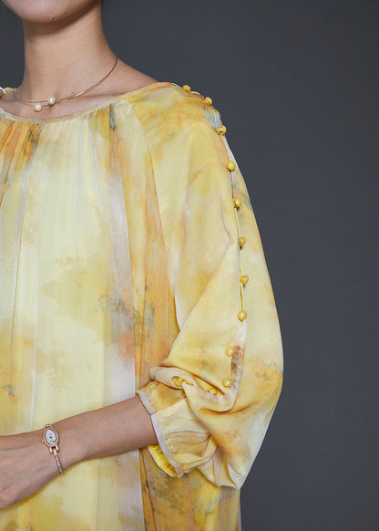Yellow Ruffled Tie Dye Chiffon Maxi Dress Spring