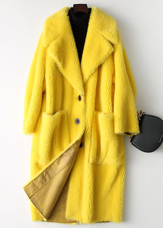 Yellow Sailor Collar Pockets Loose Wool Coats Long Sleeve
