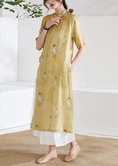 Yellow Side Open Print Summer Ramie Long Shirts