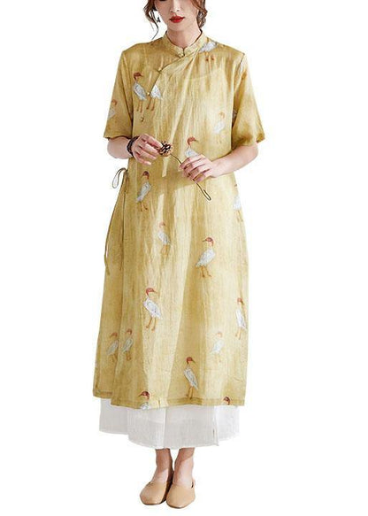 Yellow Side Open Print Summer Ramie Long Shirts