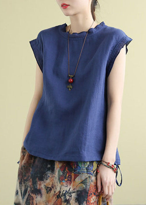 Yellow Stand Collar Drawstring Linen Tanks Short Sleeve
