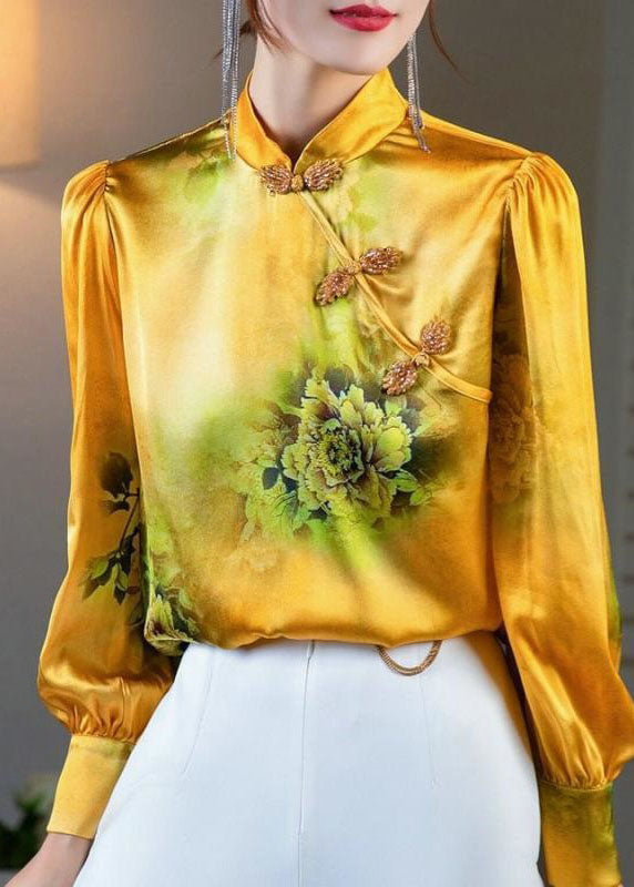 Yellow Stand Collar Oriental Button Print Patchwork Silk Tops Spring