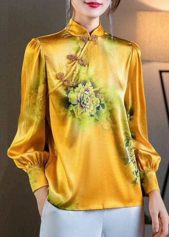 Yellow Stand Collar Oriental Button Print Patchwork Silk Tops Spring
