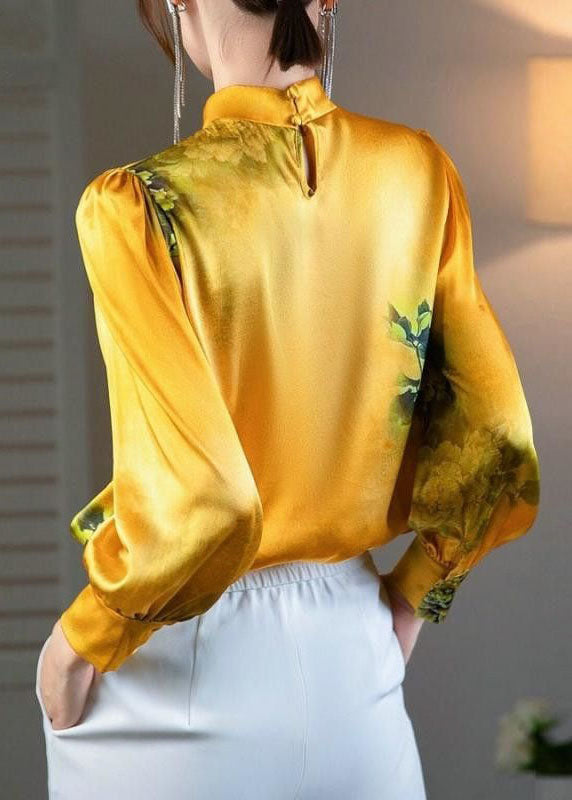Yellow Stand Collar Oriental Button Print Patchwork Silk Tops Spring
