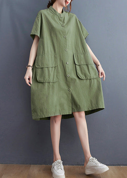 Yellow Stand Collar Patchwork Button Cotton Long Shirts Dress Short Sleeve