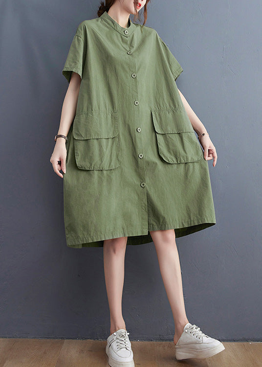 Yellow Stand Collar Patchwork Button Cotton Long Shirts Dress Short Sleeve