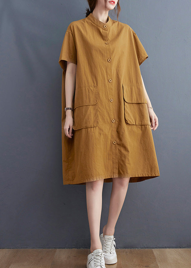 Yellow Stand Collar Patchwork Button Cotton Long Shirts Dress Short Sleeve