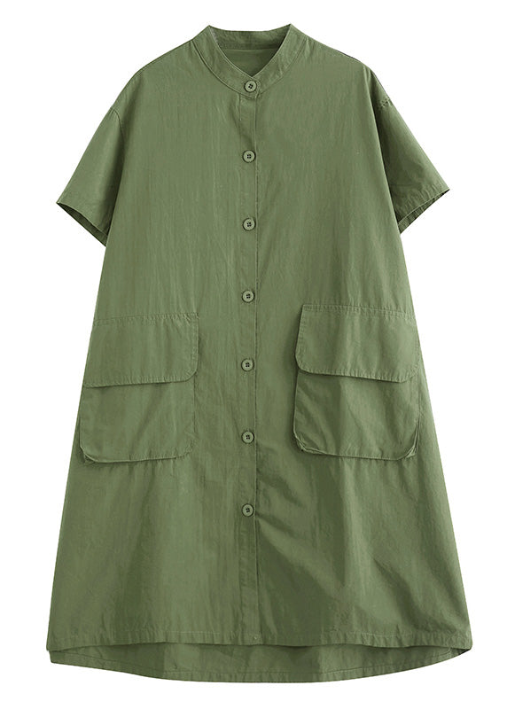 Yellow Stand Collar Patchwork Button Cotton Long Shirts Dress Short Sleeve