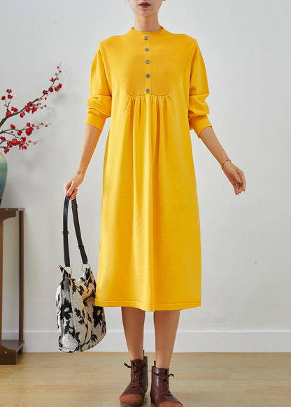 Yellow Stand Collar Patchwork Button Knit Sweater Dress Fall