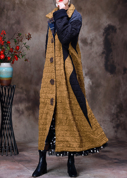 Yellow Stand Collar Patchwork Button Removable Cotton Maxi Coats Long Sleeve