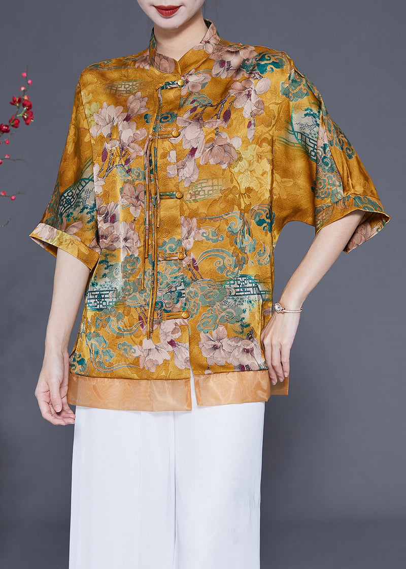 Yellow Stand Collar Patchwork Tassel Silk Blouses Half Sleeve