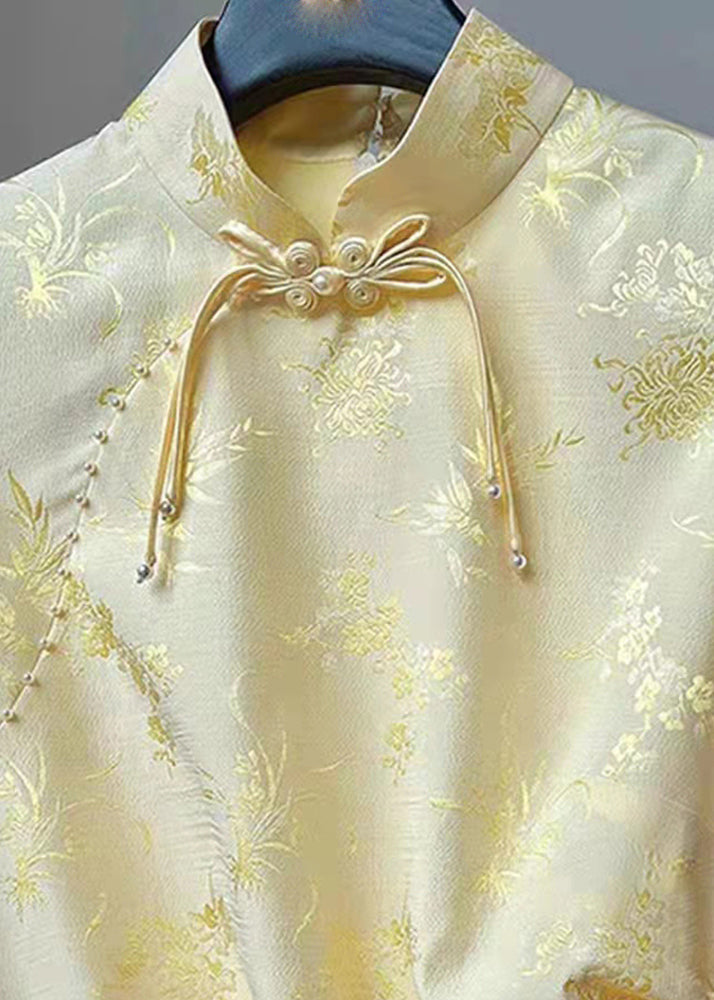 Yellow Stand Collar Print Drawstring Silk Waistcoat Sleeveless
